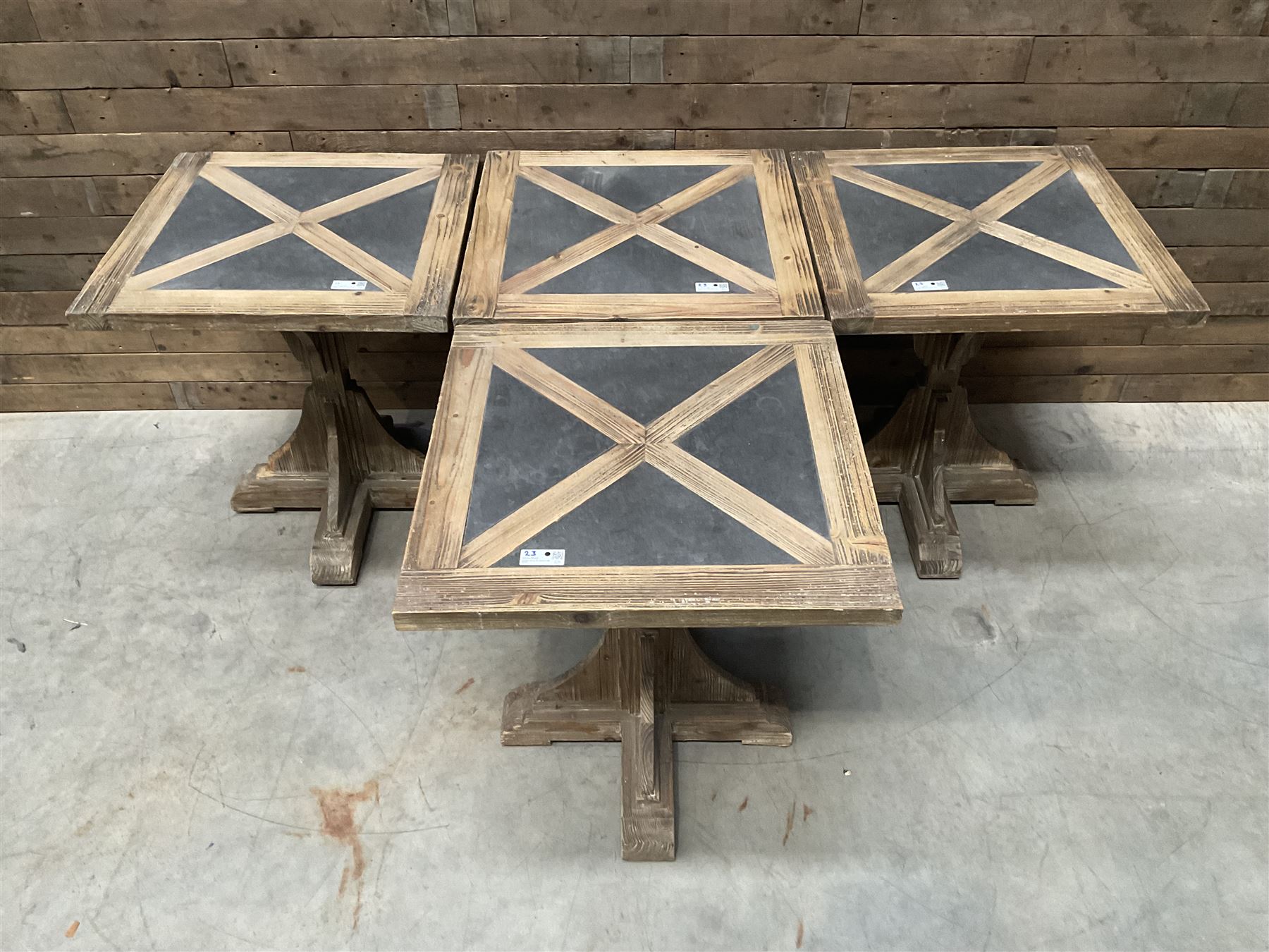4 x Rustic square restaurant bistro table, parquetry top, X shaped base
