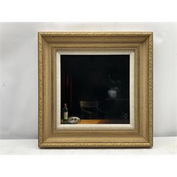 Rachel Robb (Australian 1969-): Cherries on Plate with Wine Bottle, oil on panel, signed verso c.1990, 30.5cm X 30.5cm 
Notes: Rachael was born in Warrnambool, Australia. In 1990, after studying Fine Art at the School of Art, RMIT University  Melbourne, she travelled extensively throughout the world living for a number of years in San Francisco and Prague before settling in London, returning to her home country in 2020