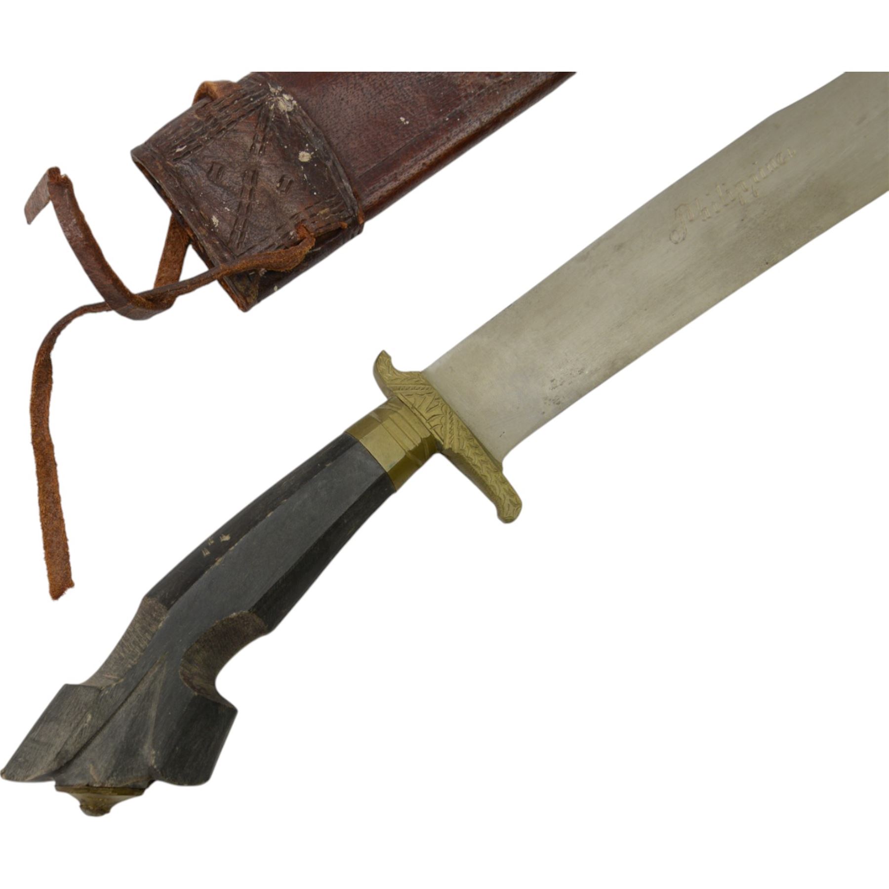 Wooden handled Filipino knife, with leather scabbard, L60cm