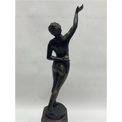 Bronzed nude female figure, holding a sphere behind her back, raised upon a red marble plinth, H40cm