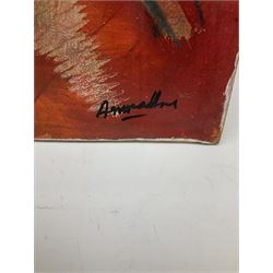 Francis Perera (Sri Lankan 1931-): 'Anuradha', mixed media on canvas unsigned and titled 63cm x 37cm (unframed)
Notes: Perera a noted Sri Lankan artist has had many solo exhibitions both in his home country and overseas. He is a six time winner of the Presidential Award, represented Sri Lanka in Washington DC to commemorate the 50th anniversary of its independence, exhibited at the Royal Commonwealth Society in 2002, and at the 20th International Art Festival in Germany.