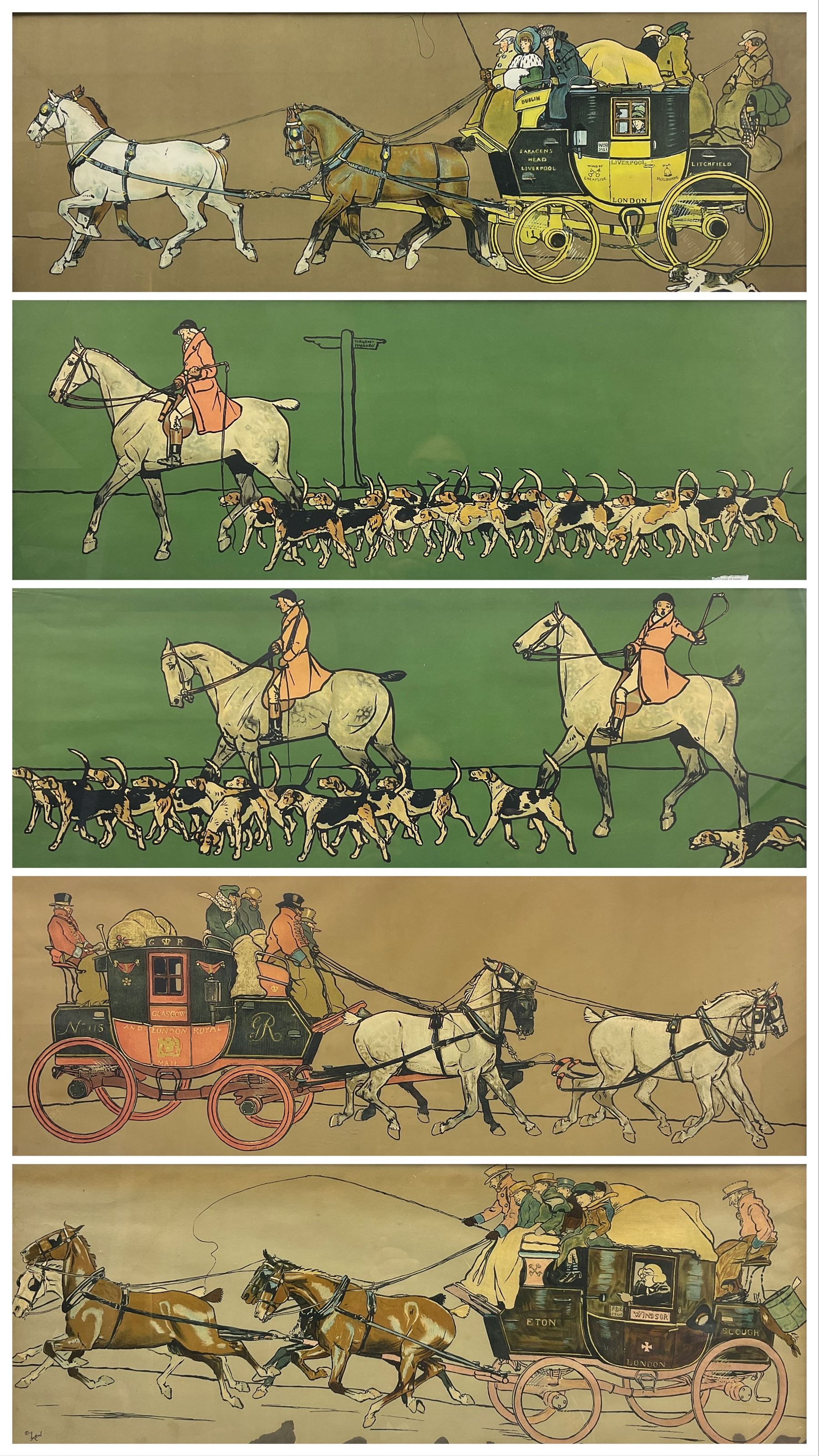 After Cecil Aldin (British 1870-1935): 'The Huntsman', 'The Whip', 'The Glasgow Coach', 'The Liverpool Coach' and 'The Eton Coach', set five chromolithographs 27cm x 70cm (5)
