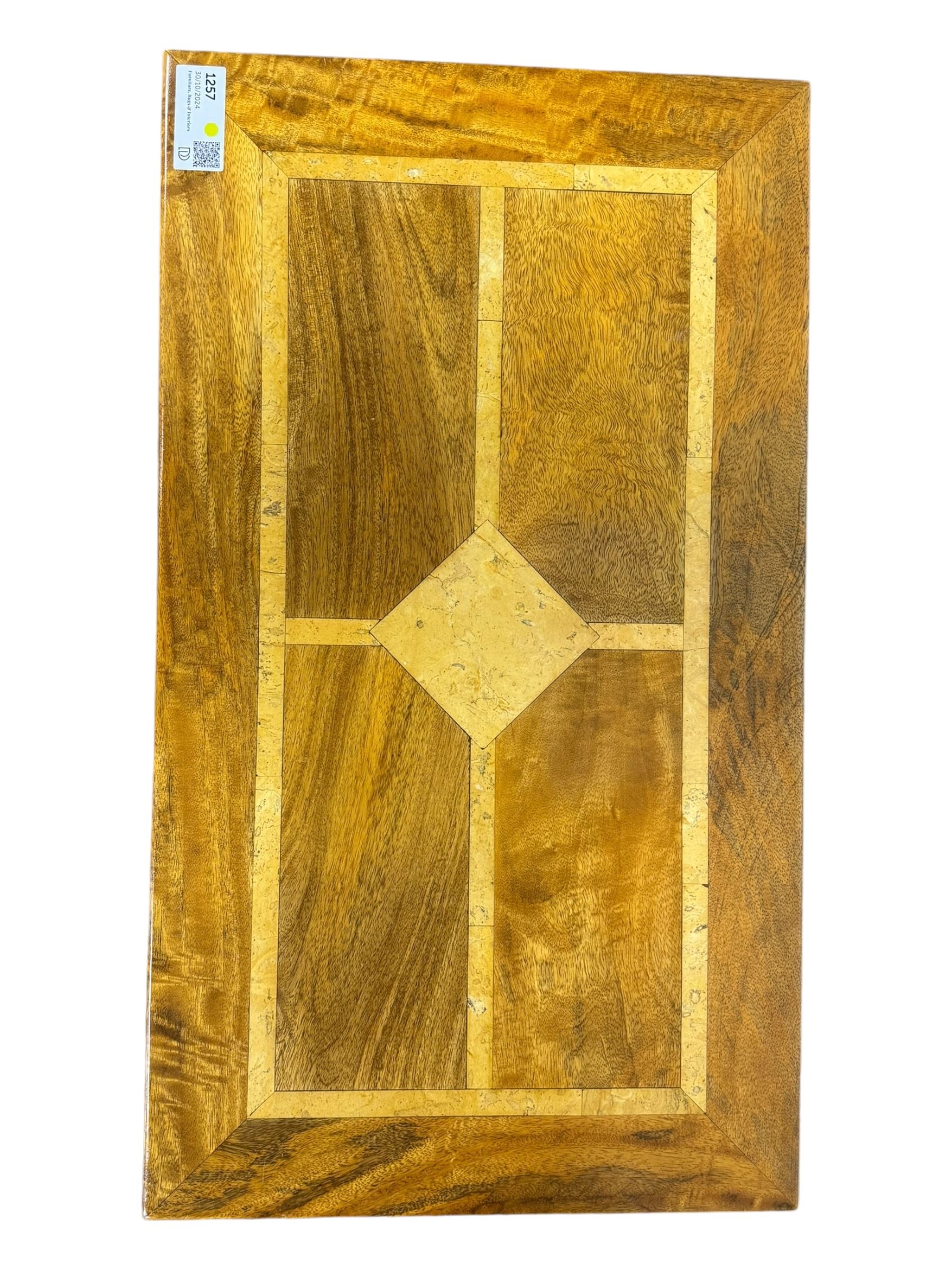 Barker and Stonehouse -  contemporary 'Flagstone' side table, rectangular crossbanded top with central diamond inlay, over single frieze drawer with faceted glass pulls, turned columns and undertier shelf, raised on bun feet