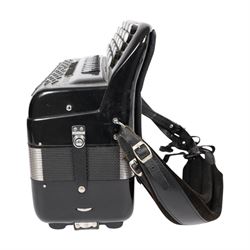 Borsini Professional 5-Row Chromatic button accordion, with 92 white pearlescent chromatic buttons and 136 bass buttons, possibly a custom model, in black high gloss case, with carry strap and original hard carrycase