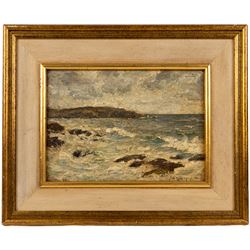 George Frederick Cutter (British 1940-): Sheep Resting in Tall Grass, pastel signed 17.5cm x 22.5cm; English School (19th century): Waves Breaking on a Rocky Coastline, impasto oil on board indistinctly signed max 19.5cm x 28cm