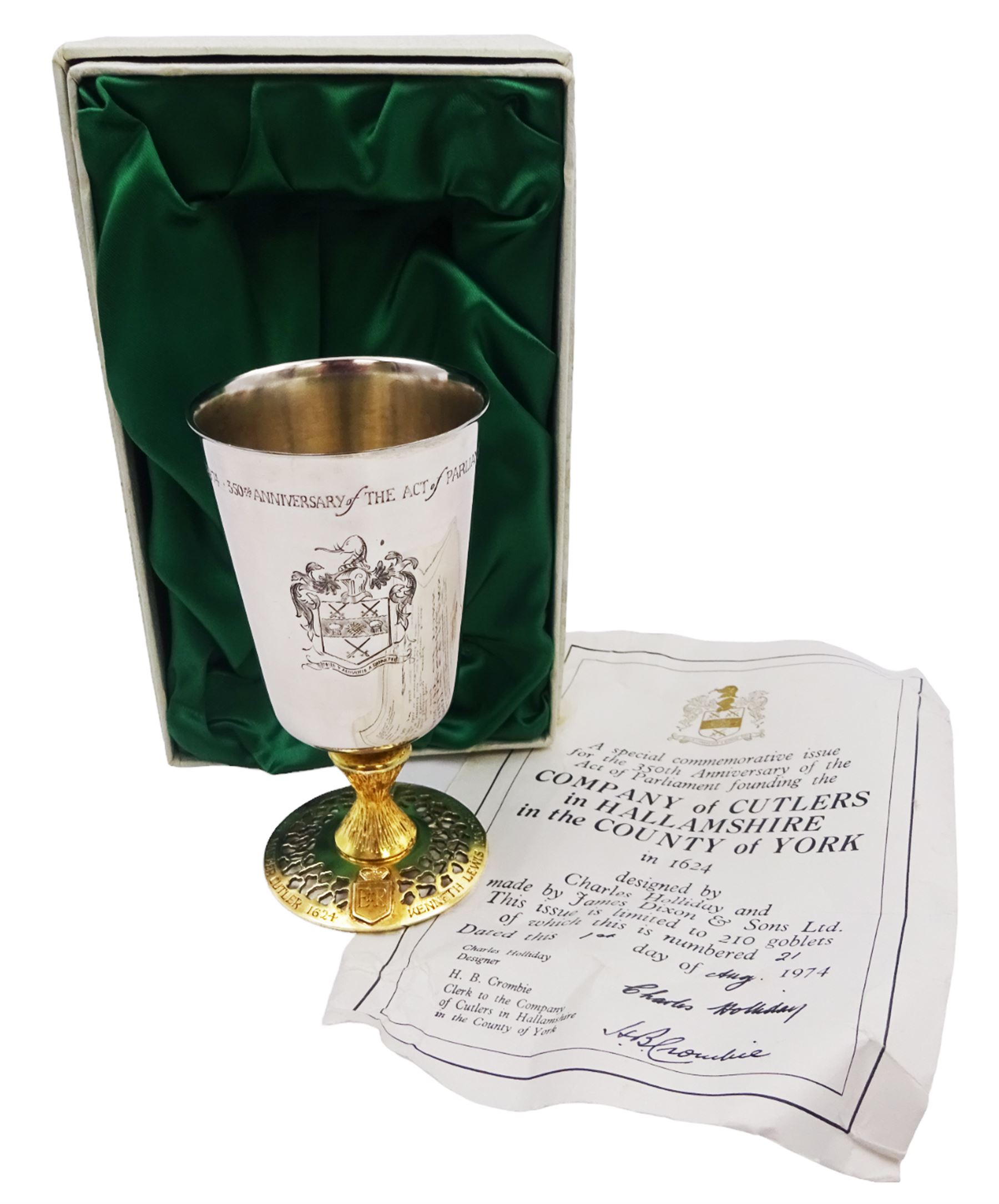 Modern limited edition silver goblet to commemorate the 350th anniversary of the Act of Parliament founding the Company of Cutlers, the tapering cylindrical bowl engraved with crest, with gilt interior and upon parcel gilt textured knopped stem and pierced circular foot, hallmarked James Dixon & Sons, Sheffield 1974, number 21/210 , in original fitted box with paperwork