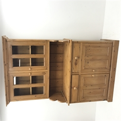 Solid pine two drawer dresser with two raised glazed display cupboards above two drawers and two cupboards, plinth base, W129cm, H204cm, D53cm
