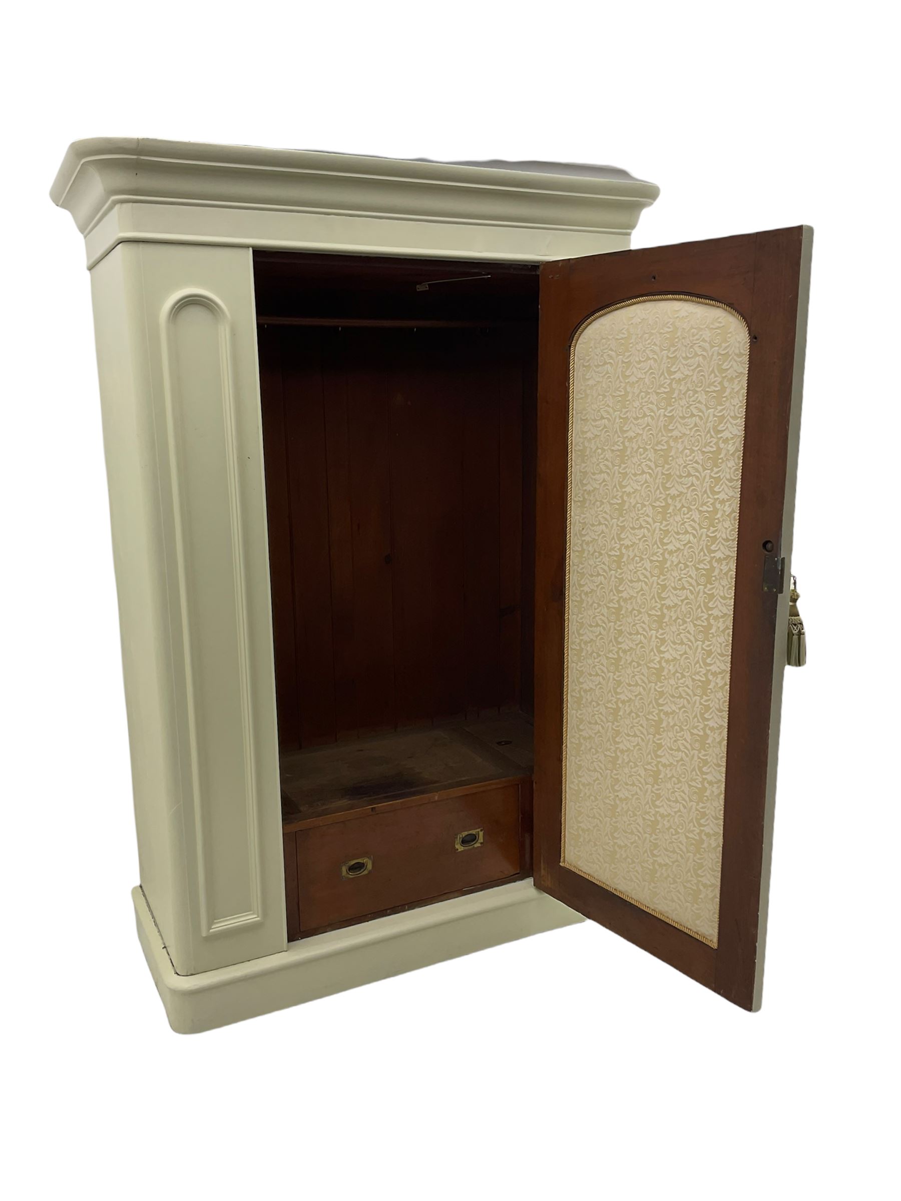 Victorian white painted wardrobe, the projecting cornice over centre mirror glazed door, the interior fitted with drawer and two hinged compartments, plinth base
