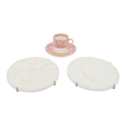 Royal Copenhagen parian ware circular plaques together with Crown Staffordshire cup and saucer