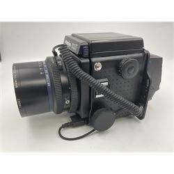 Mamiya RZ67 professional camera body, serial no 120282, with 'Mamiya-Sekor Z f=50mm 1:4.5 W' lens, serial no 18057 and RZ67 AE Prism Finder serial no 106809