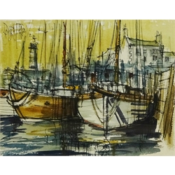  Whitby Fishing Boats Moored in Harbour, two watercolours signed by Roger Murray (British Contemporary), one also signed, titled and inscribed 'The Studio Robin Hoods Bay' verso 17cm x 22cm (2)  