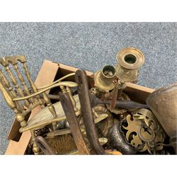 Assorted metal ware, to include small brass model of a rocking chair, candlesticks to glass drops, graduated set of pans, cocktail shaker, dressing table brush, etc., in one box 