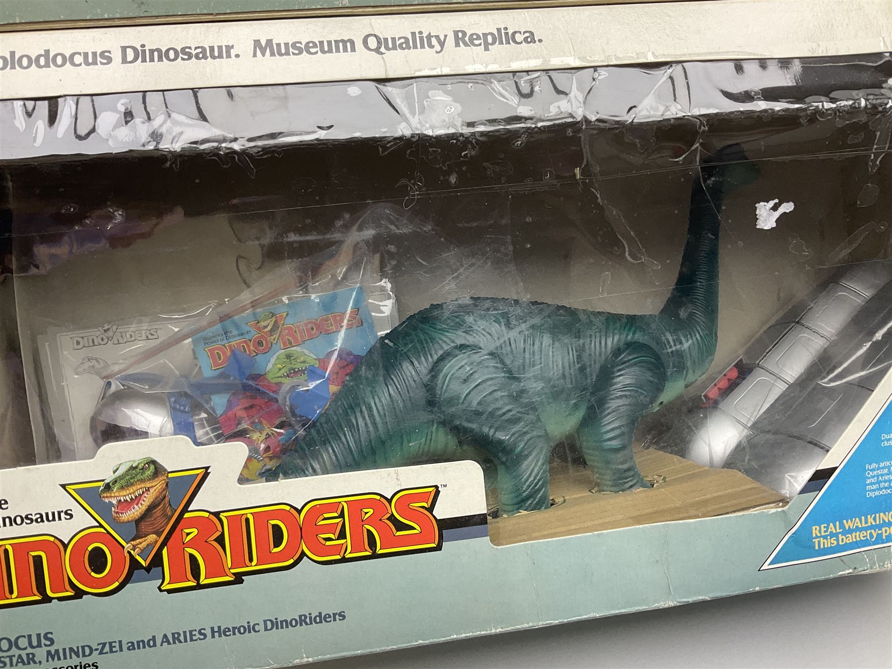Dino-Riders, 1980s Tyco Action GT Toys, Diplodocus with Questar, Mind-Zei and Aries Heroic DinoRiders; boxed