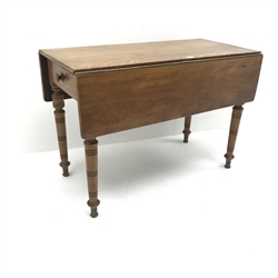 Early 20th century satin walnut Pembroke drop leaf table, ring turned supports, brass capped feet, W103cm, H71cm, D97cm