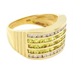 14ct sapphire and diamond half eternity ring, channel set with two rows of round brilliant cut diamonds, spaced by three rows of round cut yellow sapphires, hallmarked, total sapphire weight approx 1.45 carat, total diamond weight approx 0.30 carat