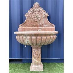 Italian style red and white veined marble wall water fountain, shaped raised back with scrolled foliate decoration and flower head spout, D-shaped bath basin with gadrooned underside on leaf carved footed pedestal  - THIS LOT IS TO BE COLLECTED BY APPOINTMENT FROM DUGGLEBY STORAGE, GREAT HILL, EASTFIELD, SCARBOROUGH, YO11 3TX