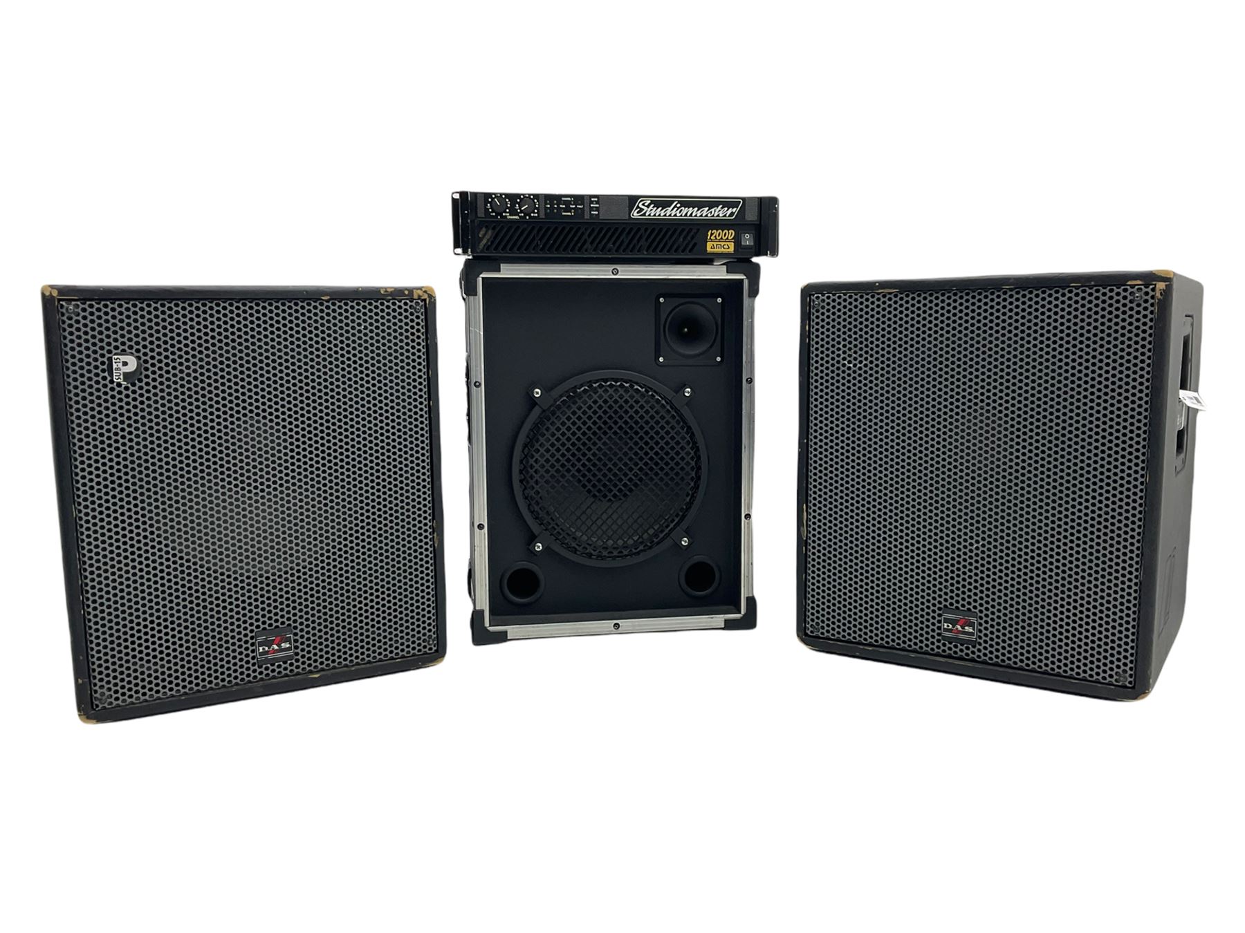 Stereomaster 1200D Amp, two D.A.S. subwoofer speakers, 200 watt speaker and lights