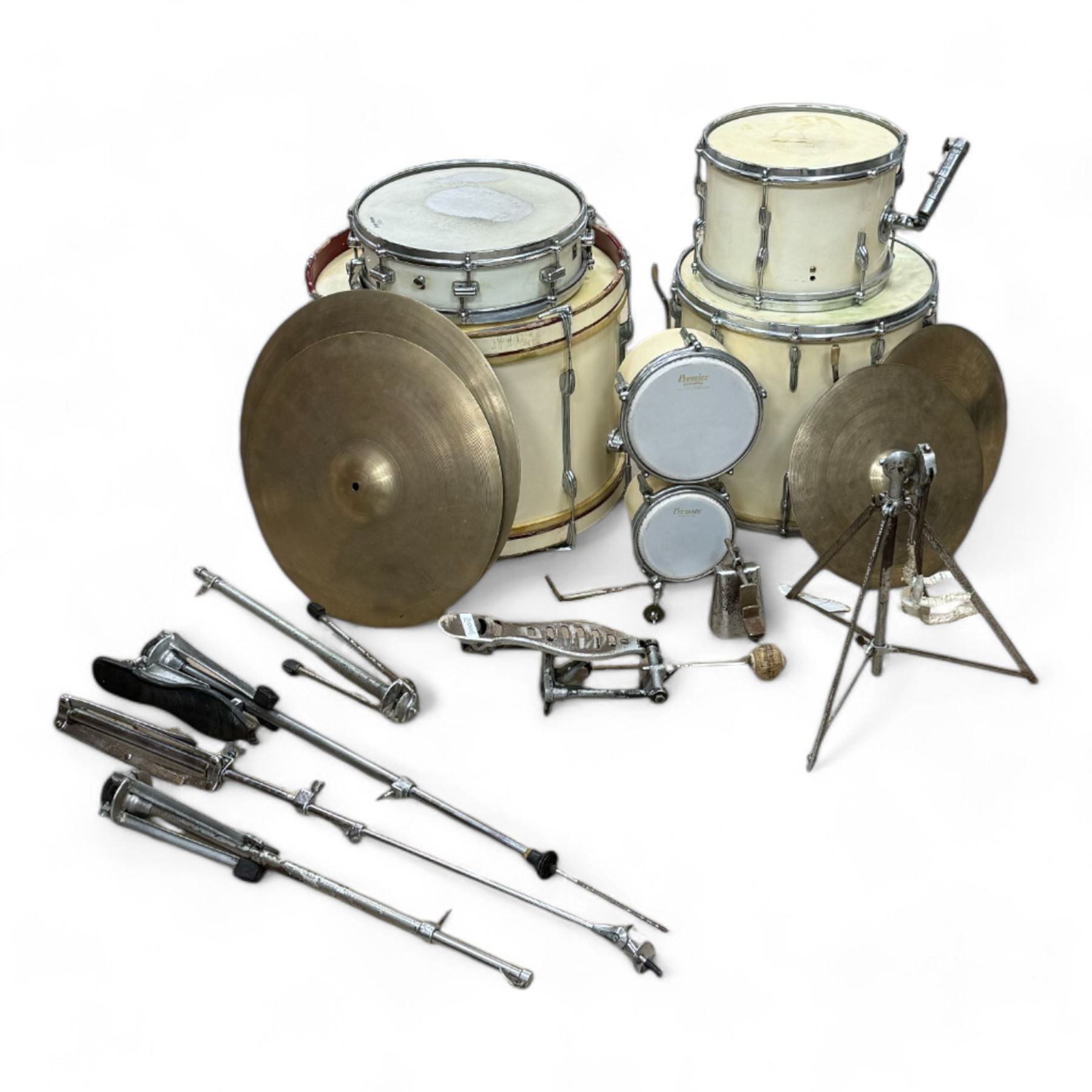1950s Premier drum kit, owned by Ken Golder the original drummer in the John Barry Seven, comprising bass drum, floor tom, mounted tom, two bongos, Zildjian high hats and ride cymbal, Superzyn crash cymbal and stands, with some original receipts for the kit addressed to Mr Golder


