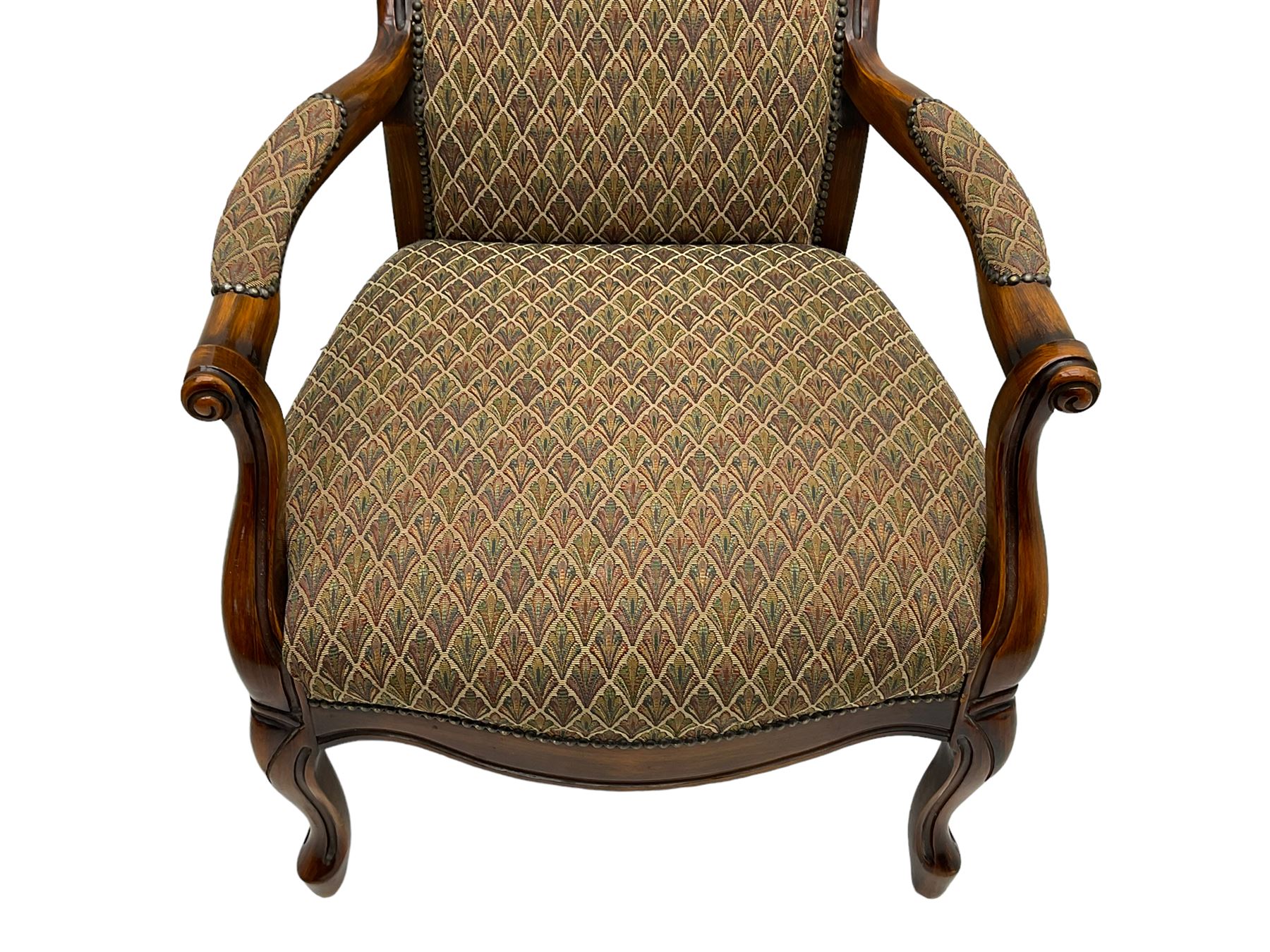Stained beech framed open armchair, upholstered in foliate pattern fabric, on cabriole front supports