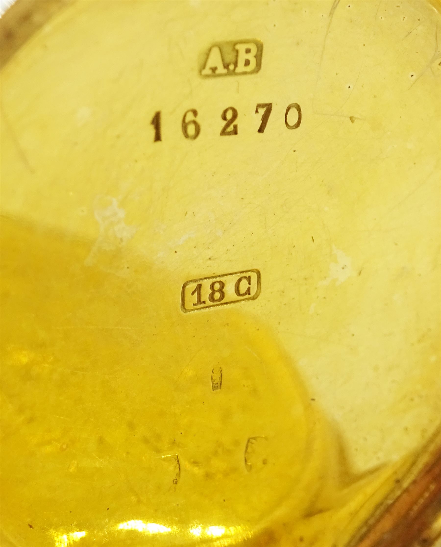 19th century 18ct gold open face keyless Royal lever presentation fob watch by American Watch Company, Massachusetts, No. 4571270, gilt dial with Roman numeral hour markers, back case with engraved decoration, stamped 18c with Helvetia hallmark
