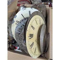Collection of clock parts and accessories, including movement, faces, dials, tools, brass fittings, etc, in three boxes