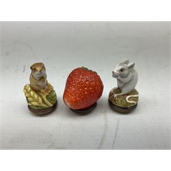 Two Halcyon Days enamel bonbonnieres modelled as mice, I am a magical mouse, and ''Consider the little mouse, how sagacious an animal it is...' Roman Playwright', together with three Halcyon Days enamel boxes, modelled as a bee upon a flower, a ladybird upon a leaf, and a strawberry, each in fitted box, (5)