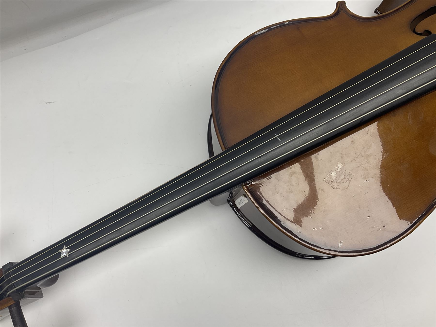 Stentor Student I quarter-size cello with 59.5cm two-piece maple back and ribs and spruce top; bears maker's label with serial no.M076096 L95.5cm overall; in Stentor soft carrying case with bow