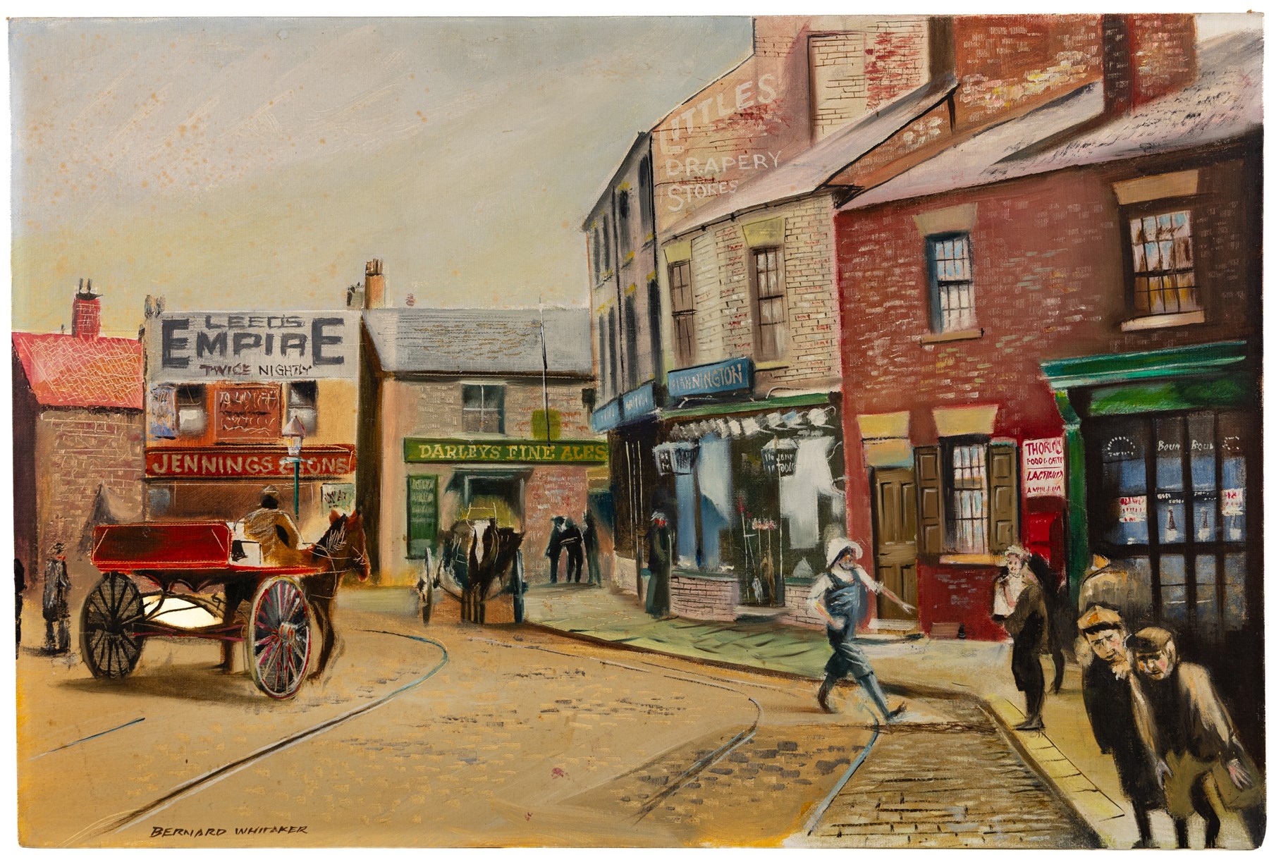 Bernard Whitaker (British 20th century): Horse-drawn Carriages in Castleford, oil on canvas board signed 50.5cm x 76cm (unframed)