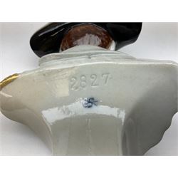 Group of Napoleonic busts comprising ‎Rudolf Kämmer Volkstedt examples of General Jean Lannes, 1st Duc de Montebello and Scottish Highland Infantry soldier and Rifleman 1803, all with blue crowned K marks beneath, and a bust of Napoleon raised upon square plinth, tallest H12cm