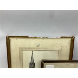 J M Oldroyd (British 19th century): Church with Figure, oil on canvas signed and dated 1894; Michael Langdale (British 20th century): 'Morvah Church', oil on canvas signed and dated '92 together with another 19th century oil of a similar subject and three further pictures of churches max 28cm x 38cm (6)