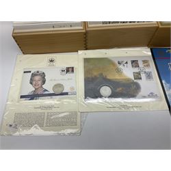 Coins and stamps, including The Royal Mint Great Britain 1970 coin set in plastic holder, 2006 'Brunel' coin cover containing two commemorative two pound coins, Alderney 2006 sterling silver proof five pounds, two 2007 five pound coins in card folders, two limited edition mint first class stamp sheets each comprised of ten first class stamps, various first day covers many with special postmarks housed in 'Royal Mail' boxes etc