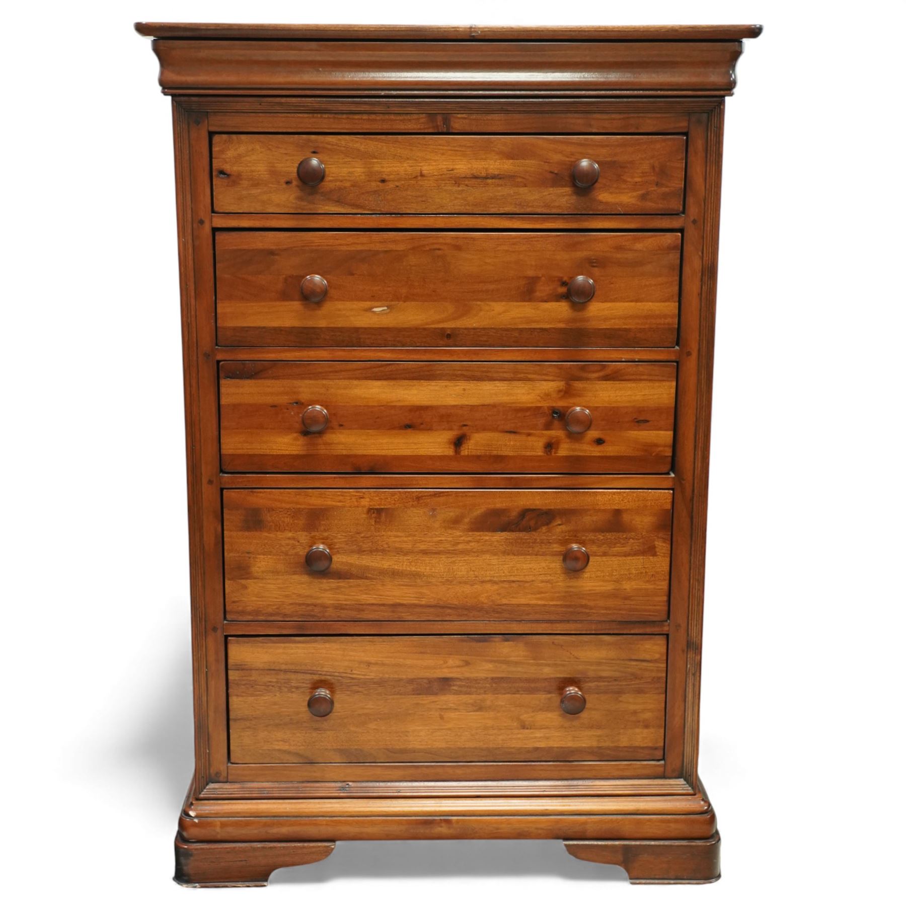 Willis & Gambier - French cherry wood five-drawer chest, the moulded cornice over slide with interior jewellery box all baize lined, two short and three long drawers with turned wooden knobs, on shaped bracket feet