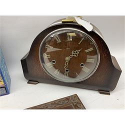1950s Smiths mahogany mantel clock, with circular glass cover and roman numerals to frame, raised on bracket feet, together with Pierrot 'Dancing Clown' musical box and chess set with board