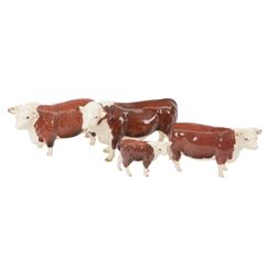 Beswick Hereford cows family group, comprising Bull, Ch. of Champions 1363, Hereford cow Ch of Champion 1360, and calf 1827, together with another Hereford Bull