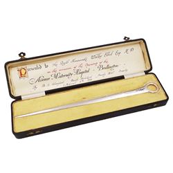 George III silver letter opener, of typical form with loop handle, with later commemorative engraving, presented to Walter Elliot Esq. M.P, on the occasion of the opening of Avenue Maternity Hospital Bridlington 1939, hallmarked London 1804, maker's mark worn and indistinct, contained within fitted presentation box with velvet interior 