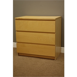  Maple wood finish three drawer chest, W81cm, H78cm, D49cm  