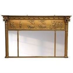 Early 20th-century giltwood tripartite overmantel mirror, rectangular frame with ball deco...