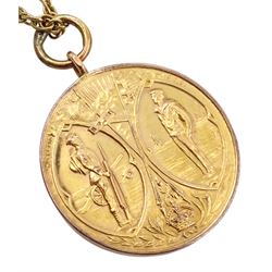9ct gold medallion pendant depicting WW1 soldier and sailor by Thomas Fattorini, Birmingham 1919, engraved 'Presented to G.W.Childs from The H.H.W.C.' verso, on 9ct gold necklace chain
