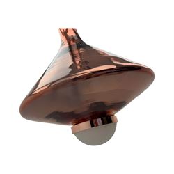 Collection of vintage and modern light fixtures, including copper pendant light, brass five-arm chandelier, hanging lantern and two small chandeliers with hanging faceted droplets (6)