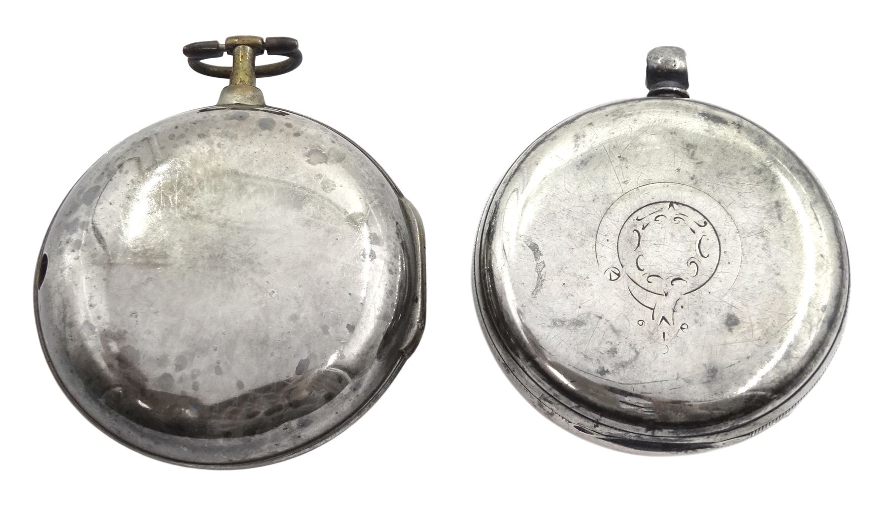 George III silver pair cased verge fusee pocket watch by W E Carter, Ripon, No. 2018, white enamel dial with Arabic numerals, pierced and engraved balance cock decorated with a mask, case by Thomas Gibbard, London 1802 and one other silver lever pocket watch, case by Robert John Pike, London 1874