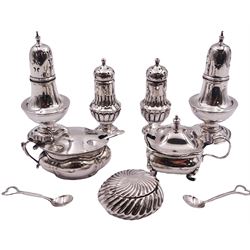 Pair of Edwardian silver peppers, of typical plain form, hallmarked Barker Brothers, Chester 1907, together with a smaller Victorian part fluted pair, hallmarked Charles Faraday & Samuel Davey, London 1892, 1920's silver mustard pot and cover of lobed form, with blue glass liner, a further 1920's silver example of square form, pair of Edwardian silver salt spoons with heart shaped terminals, further Edwardian silver salt spoon, and Victorian trinket box of circular form with wrythen twist decoration, approximate total silver weight 6.78 ozt (211 grams)