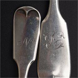 Five Victorian silver fiddle pattern dessert forks London 1859 Maker The Portland Co. three Victorian table forks, various dates and two other table forks