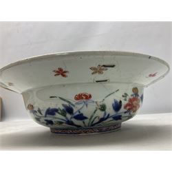 19th Century Imari pattern Japanese blood letting bowl, together with 19th century chinese blue and white square dish with decorated with blossoming flowers, together with thee blue and white saucers 