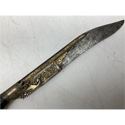 19th century Singhalese knife pia kaetta, the 20cm steel blade inset with yellow and white metal, with metal mounted carved pistol grip, in plain wooden scabbard L33cm overall