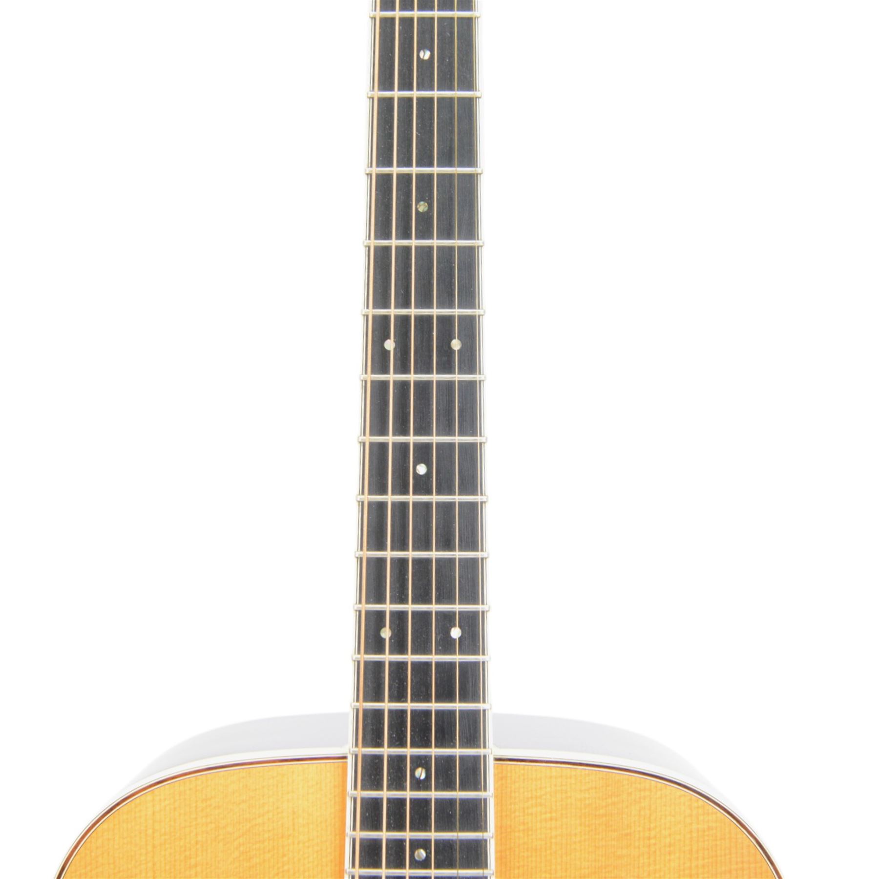 1977 Martin M-38 prototype X-38-B acoustic guitar formerly owned by John Pearse, with ebony fingerboard and inlaid mother of pearl Martin and Co logo to headstock, spruce top, serial no. 389327, bound fingerboard back and sides, original pegs, with John Pearse collection certificate of authenticity, contained within original Martin hard case with plush blue velvet interior

Notes: As illustrated on page 74 Martin Guitars: A Technical Reference, R Johnston & Dick Boat, 2009. John Pearse was a British folk guitarist, instrumentalist, and folk singer who rose to prominence in the 1960s on BBCs guitar tuition series Hold Down a Chord. 
