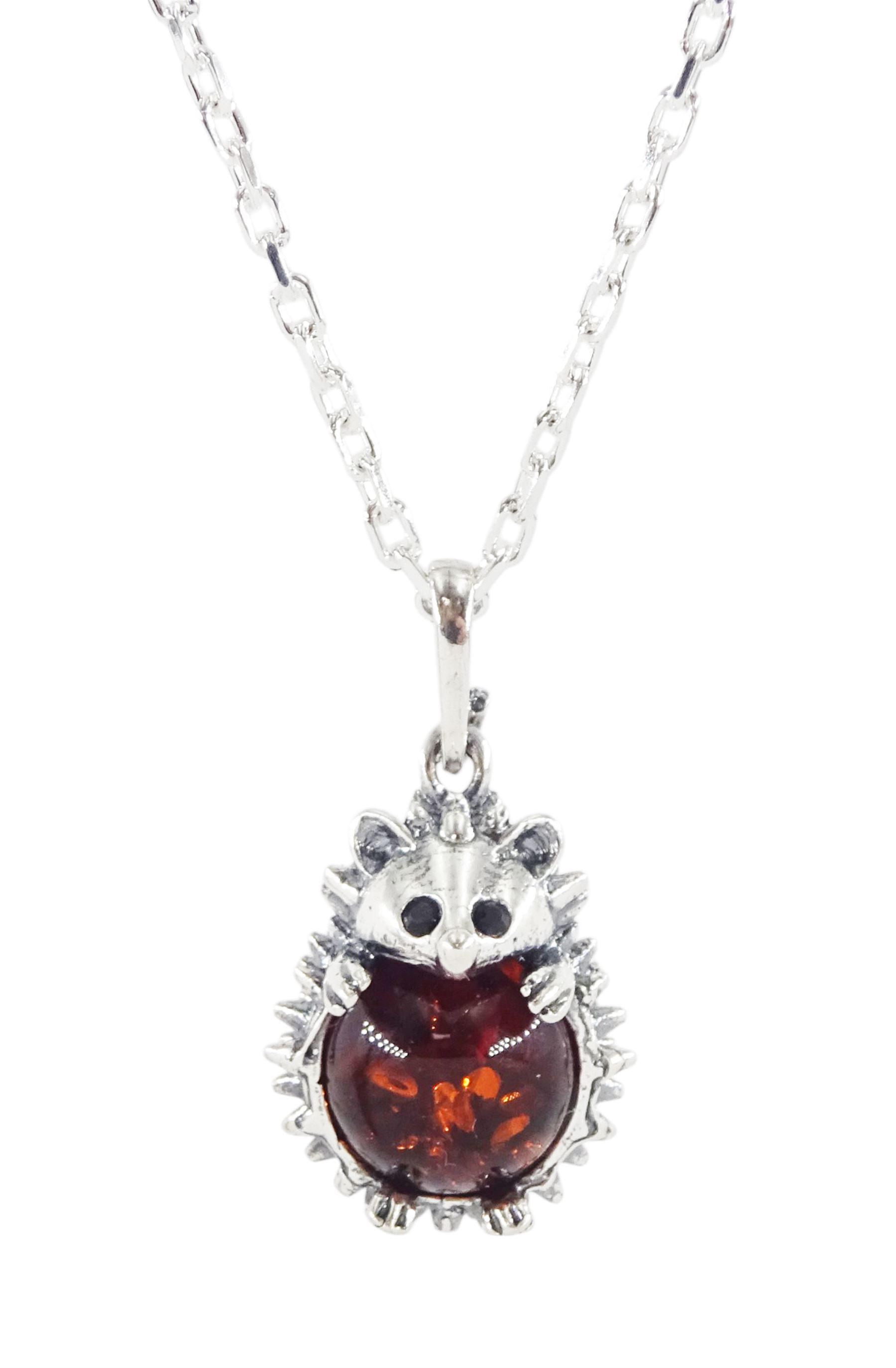 Silver Baltic amber hedgehog pendant necklace, stamped 925 