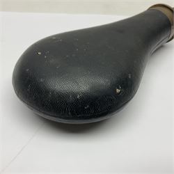 19th century James Dixon & Sons leather covered powder flask with patent action adjustable shot measure to dispense 2 1/4 - 3 drams; marked Parker Hale Ltd. Birmingham England L20cm