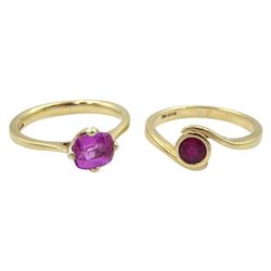 Gold pink sapphire ring and one other red stone set ring, both hallmarked 9ct