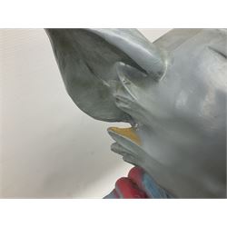 Fibreglass promotional/advertising group of Tom & Jerry, Tom standing wearing a blue track suit with his left hand resting on Jerry's head H63cm