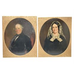 Mrs Richard Hardey (Hannah Maria Hudson) (Hull 1815-1865): George Earle (1782-1863) and Mary Foster - Half Length Portraits, pair oval oils on canvas, the latter signed and dated 1854 verso 74cm x 62cm (2) 

Notes: Hannah Maria Hudson, daughter of Wesleyan Minister Revd. Benjamin Brook Hudson and his wife Hannah, was born in Dumfries in 1815, but soon moved to Barrow upon Humber where her father was a minister. She married Mr Richard Hardey (1816-1889) on 23rd April 1840 and the couple moved to Hull. Hannah worked as a talented, if relatively unknown, portrait painter, working under the name of 'Mrs Richard Hardey'. Sadly, Hannah developed breast cancer and died in January 1865, while Richard went on to work as a successful portrait photographer. 

George Earle Jnr was the son of George Earle Snr (1748-1827), who migrated to Hull c.1777 and established himself as a stonemason, architect and speculative builder, and Mary Hargrave, daughter of stone mason and carver-gilder, Jeremiah Hargrave. George Jnr. married Mary Foster at St Mary's Church, Sculcoates on 19th February 1811, and, alongside his brother Thomas, established a business as Hull merchants who were, for a time, the town's leading importers of slate, stone, and Italian marble. In the 1851 census, he is listed as a 'Merchant, Ship Owner & Cement Manufacturer'. George Jnr's nephews Charles Foster Earle (1819-1870) and William Joel Earle (1824-1871) would go on to found C and W Earle (Earle's Shipbuilding) in 1845, having bought the Junction Foundry from James Livingston who built the first iron steam packet in 1831.